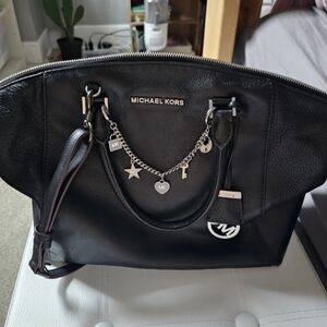 Michael Kors Black Soft Leather Satchel with Charm Chain